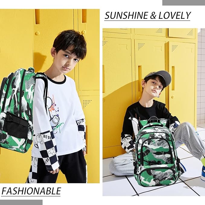 BLUEFAIRY Boys Backpack Set with Lunch Bag for Kids Elementary Middle School BookBags for Teens Child Back to School Gifts Large Campartments Lots of Pockets Camo Green