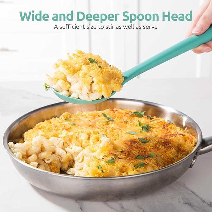 U-Taste 18/8 Stainless Steel Measuring Cups and Spoons Set (Set of 10, Aqua Sky), and 600℉ Heat Proof Long Non-Scratch Silicone Solid & Slotted Cooking Spoon for Mixing & Serving (Set of 2, Aqua Sk