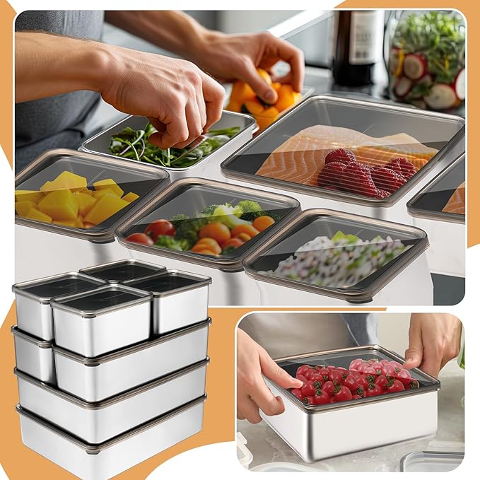 8 Pack Deli Meat Cheese Container for Fridge Increase Capacity Bacon Stainless Steel Containers with Lids Refrigerator Storage Dishwasher Safe