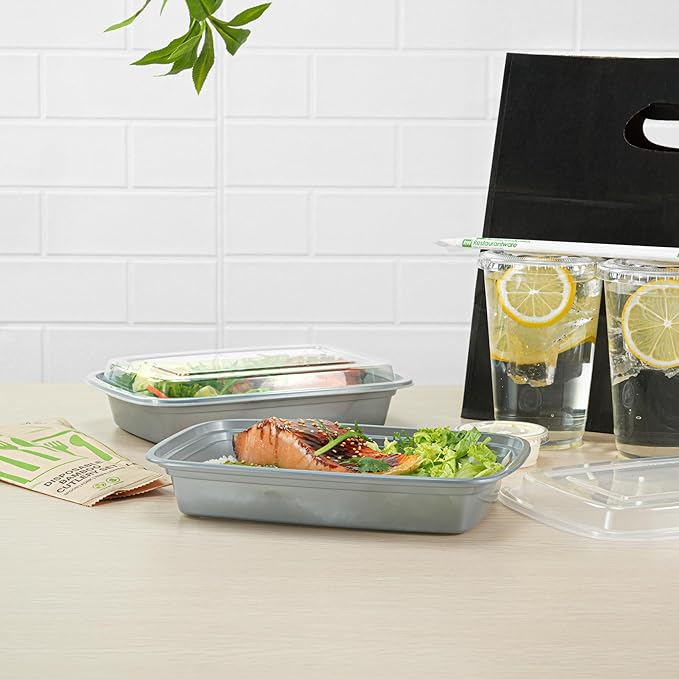 Restaurantware Asporto 28 Ounce Take Out Containers, 100 Food Containers With Lids - Microwavable, Disposable, Silver Plastic To Go Food Containers, No BPA, For Take Out And Delivery