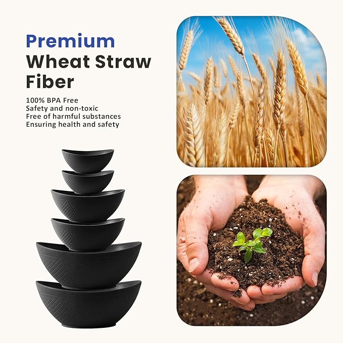 Homienly Wheat Straw Bowls Set, Premium Wheat Straw Bowls Set of 6, Mixing Bowls for Kitchen, Salad, Cereal, Nuts,Microwave & Dishwasher Safe Nesting Bowls Includes 3 Sizes(Black)