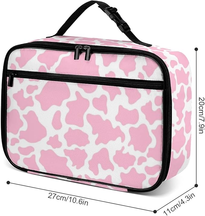 Pink Cow Print Reusable Lunch Box Insulated Lunch Bag Cooler Bag Lunchbox Meal Food Container Tote Bag for Women Kids Girls School Camping Hiking Picnic Beach Travel