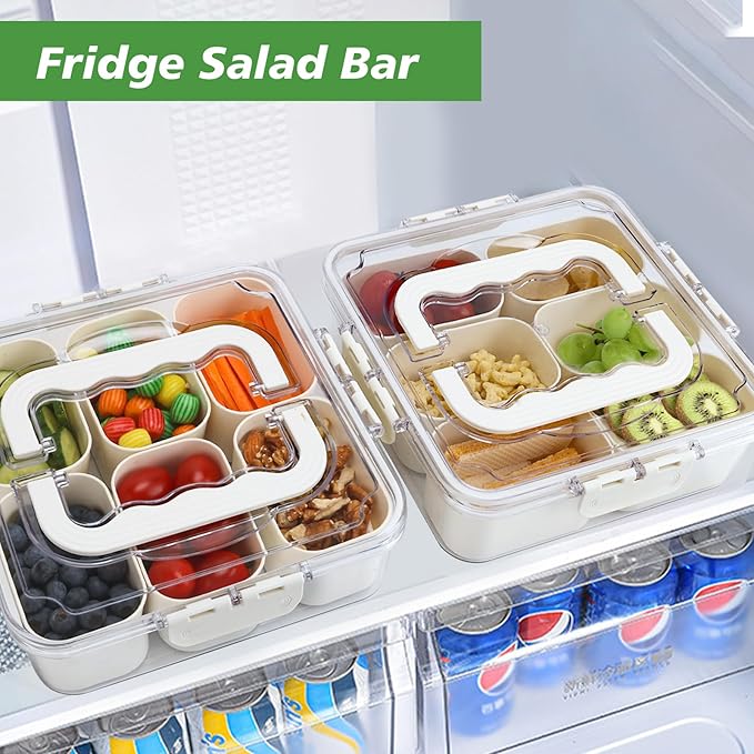 Divided Serving Tray with Lid and Handle, Portable Snack Box Container, 6 Compartments Veggie Fruit Snackle Tray, Charcuterie Platter Box Container for Party, Nuts, Snacks, Entertaining, Picnic,2 Pack