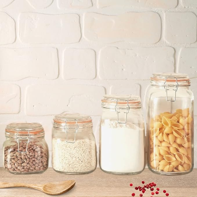OGGI 4 Piece Airtight Glass Storage Containers Set - Includes 4 Glass Kitchen Canisters with Clamp Lids & Silicone Seals - Farmhouse Kitchen Décor, Kitchen Storage, Pantry Storage, Food Storage