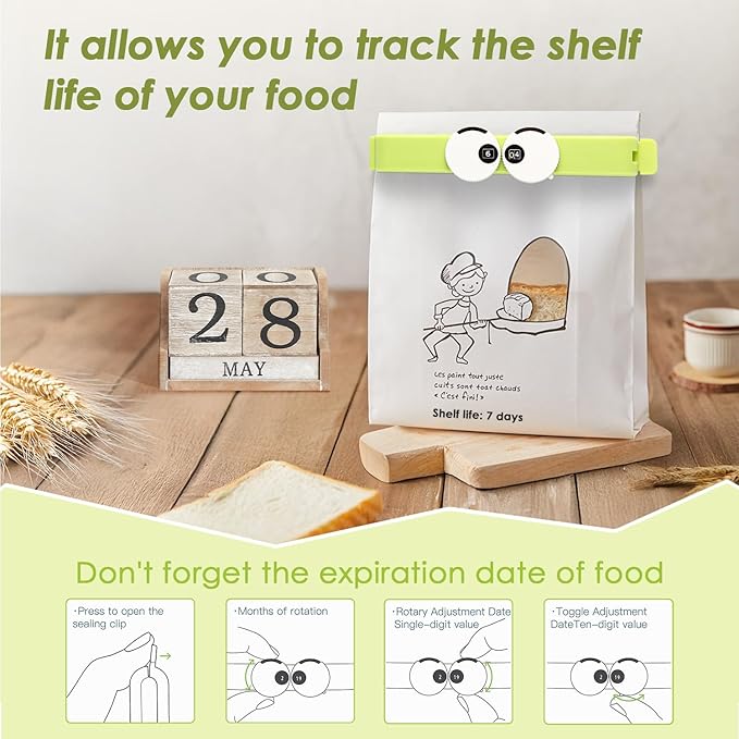 Chip Clips Holder for Food Packaging; Food Bag Holder with Shelf Life Tracker, Green 3PCS for Food, Kitchen, Home use Bag Clips for Food