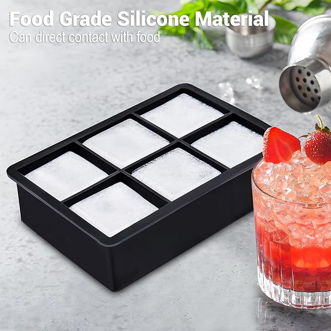 Ice Cube Tray, 3 Pack Silicone Ice Cube Molds with Removable Lid, Easy Release & Reusable Large Square Freezer Trays for Whiskey, Cocktail, Drinks, Coffee, Juice (Black)