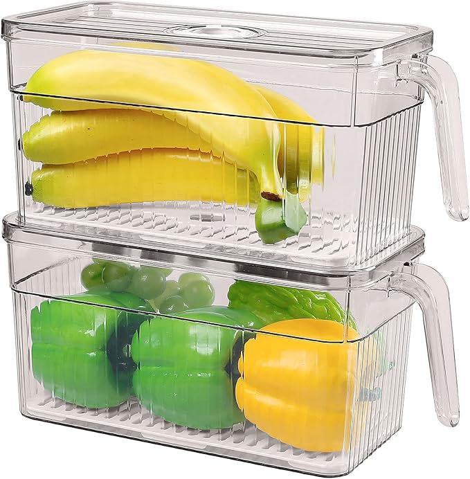 Loobuu 2 Pack Plastic Food Storage Produce Containers for Fridge, Stackable Lettuce Keeper for Refrigerator with Removable Drain Tray Keep Fresh for Vegetables/Fruit/Berry/Salad - 10'' x 5.3'' x 5.2''