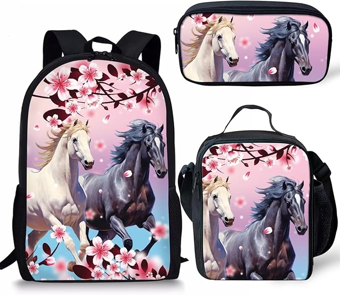 Dolyues Horse Backpack for Boys Girls Backpack Schoolbag for Kids Children Teens Elementary Middle School Bags Waterproof Lightweight Kids Lunch Box and Pencil Case