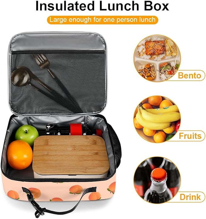 Peach Reusable Lunch Box Insulated Lunch Bag Cooler Bag Lunchbox Meal Food Container Tote Bag for Women Kids Girls School Camping Hiking Picnic Beach Travel