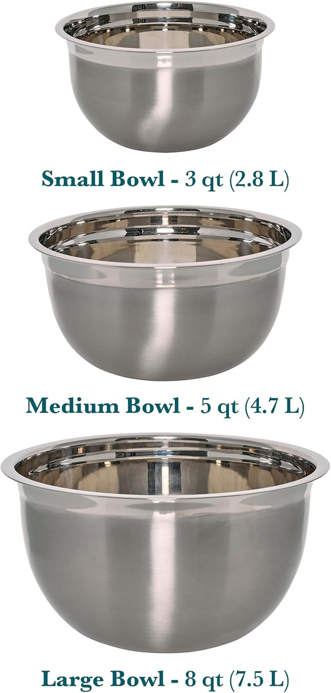 Chicago Metallic Stainless Steel Bowls, Versatile Nesting Mixing Bowls for Every Kitchen Task, Set of 3