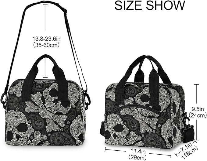 Skull Insulated Lunch Bag Reusable Lunch Tote Bag Cooler Bag for Women Men Adult Lunch Box with Adjustable Shoulder Strap Leakproof Lunch Bag for Work School Picnic Camping