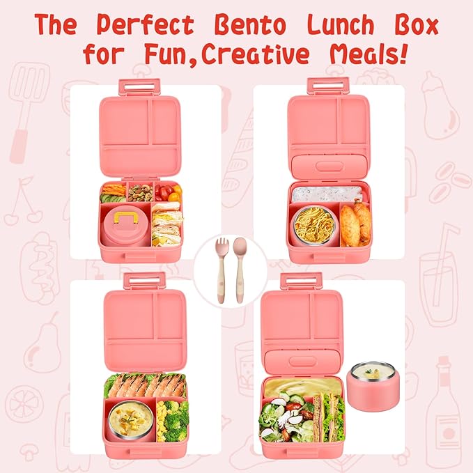 Bento Lunch Box for Kids With 8oz Soup Thermo,Leak-proof Lunch Containers with 5 Compartment,Thermo Food Jar and Lunch Bag, Food Containers for School (A-Pink(Unicorn - Mermaid))