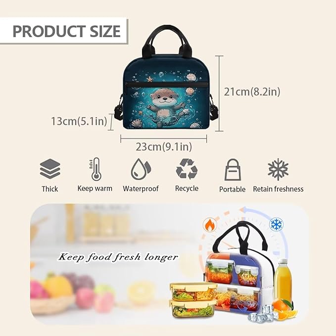 Showudesigns Sea Otter Lunch Bag for Girls 10-12 8-10 Boys Lunch Box Kids Food Containers Reusable Lunchbox Bags for School Work Office Shopping Cooler Tote Bag Blue