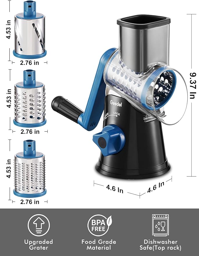 Geedel Rotary Cheese Grater, Kitchen Mandoline Vegetable Slicer with 3 Interchangeable Blades, Easy to Clean Rotary Grater Slicer for Fruit, Vegetables, Nuts, Black