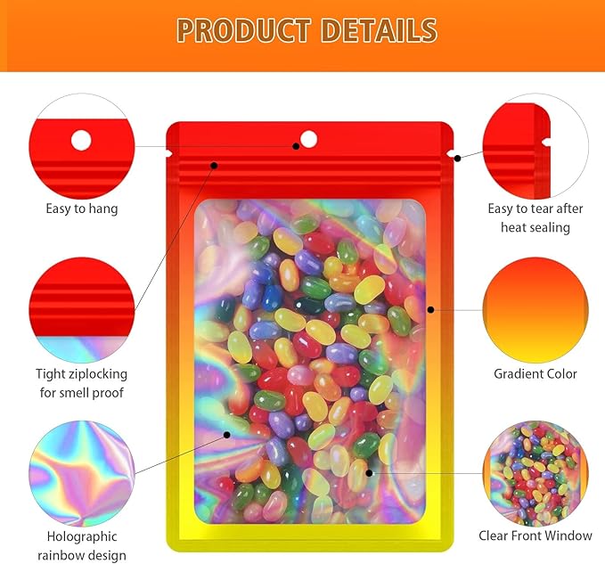 100 Pieces Resealable Mylar Bags, Smell Proof Bags with Clear Window for Food Storage Party Favor Packaging Small Business(Orange&Yellow, 5.5×7.8 Inch)