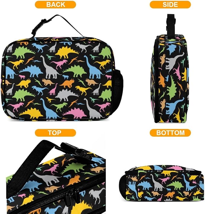 Colorful Dinosaur Reusable Lunch Box Insulated Lunch Bag Cooler Bag Lunchbox Meal Food Container Tote Bag for Women Kids Girls School Camping Hiking Picnic Beach Travel