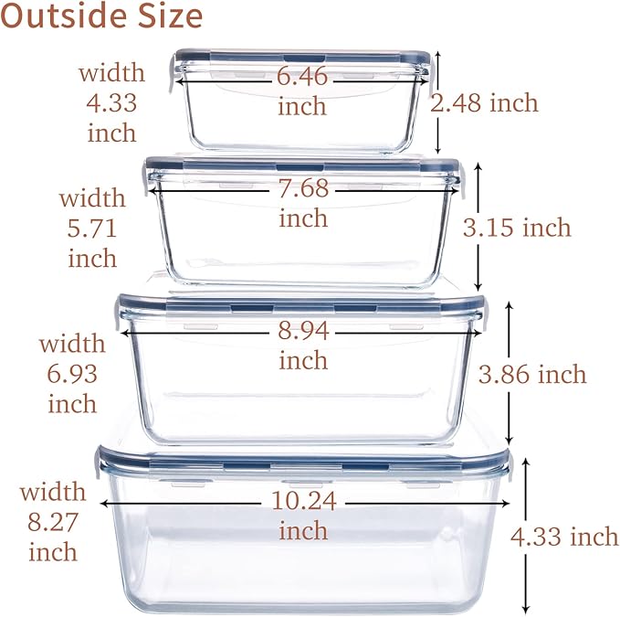 Extra Large Glass Food Storage Containers with Lids, Set-8-Piece Big Size Food Storage Box, Ideal for Storing Food, Vegetables, Fruits, Baking Cake & lot of other Tasty Food (Rectangular)