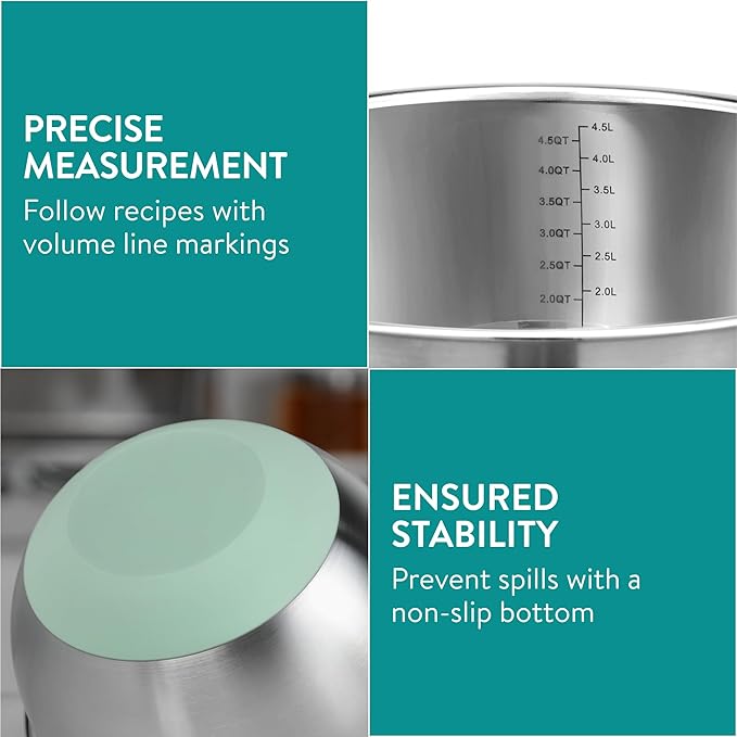 Navaris Set of 3 Stainless Steel Bowls with Lids & Colander - Large & Small Bowl with Lid & Non-Slip Base - Ideal for Mixing, Baking, and Serving Salad & Fruit - Metal & Mint Green