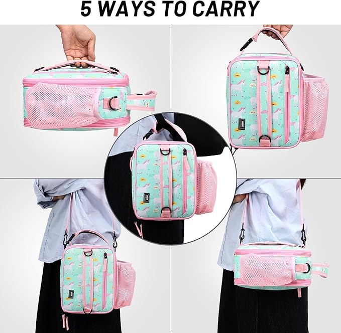 MIER Expandable Lunch Bag Insulated Lunch Box for Teen Girls Women to School Work Travel Portable Lunchbox Bags with Shoulder Strap and Water Bottle Holder(Green-Unicorn)
