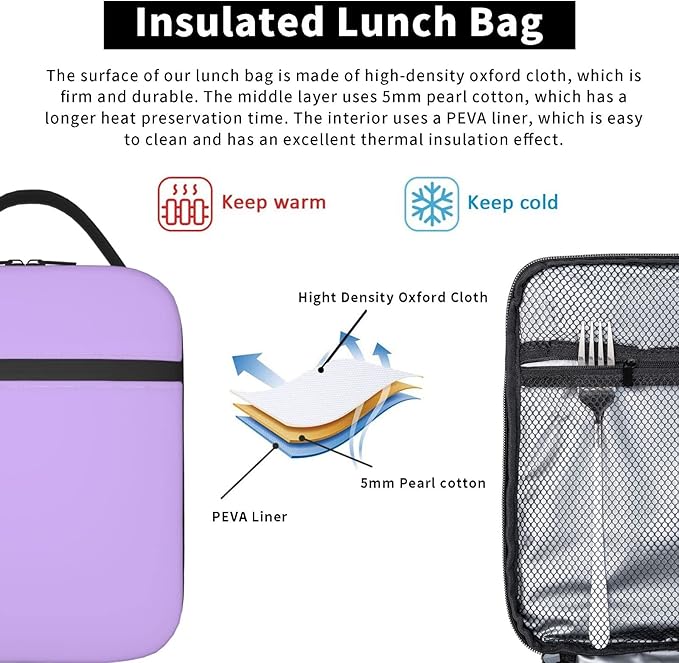 Light Purple Lunch Bag for Kids Girls Women Washable Thremal Picnic Meal Box for School Office Beach Insulated Cooler Reusable Portable