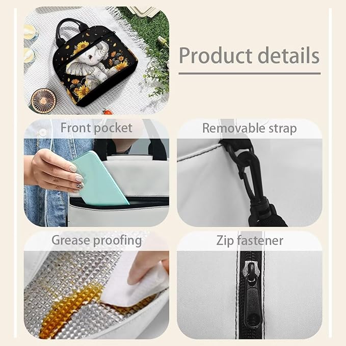 Showudesigns Sunflower Elephant Lunch Box for Girls Kids Insulated Lunch Bag Reusable Shopping Bag Keep Food Cold and Warm Crossbody Tote Bags Cute Lunchbox Travel Picnic Organizers