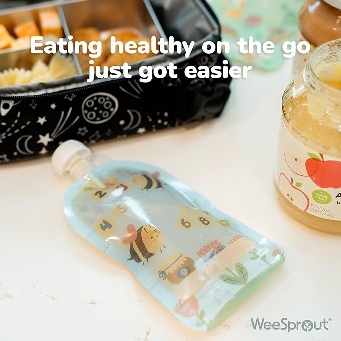WeeSprout Double Zipper Reusable Food Pouches, Perfect for Babies & Toddlers, Freezer & Dishwasher Safe (Educational, 3.4 Fl Oz (Pack of 6) + Pouch Filler)