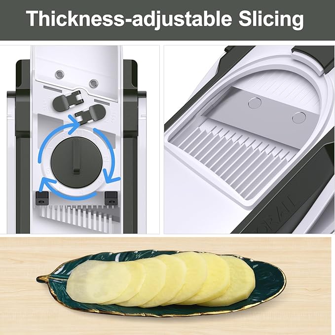 Safe Mandoline Slicer for Kitchen, Adjustable Thickness 0.1-8 mm, 5 in 1 Multi Vegetable Chopper, Potato Slicer, Food Chopper French Fry Cutte, with Paring Knife/Cleaning Brush, Mandolin (GreenBlack)
