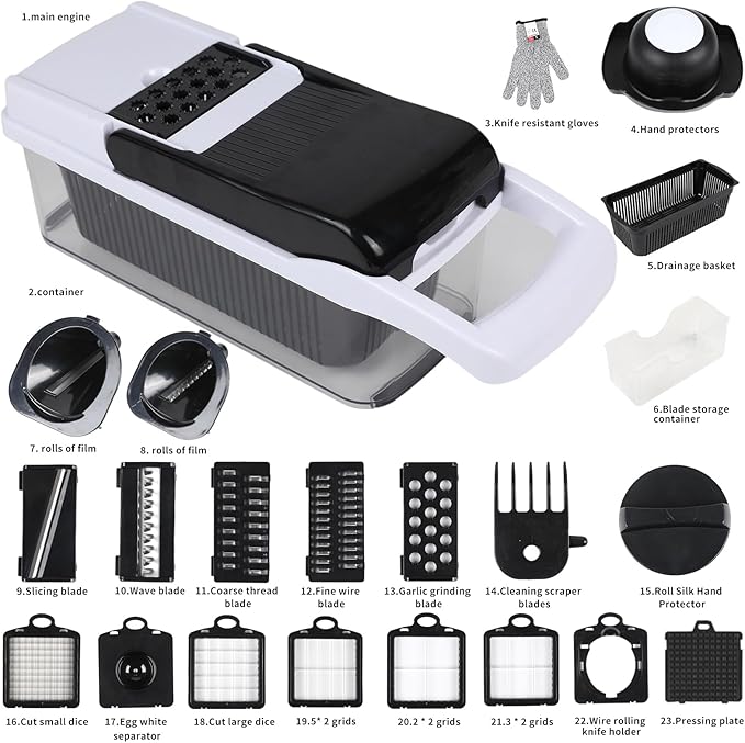 Multifunctional vegetable cutter 23 in 1 vegetable slicer, cucumber slicer, potatoes, tomatoes, zucchini, garlic, eggs, vegetable cutter with container and lid, salad cutter, dicing machine, shredder