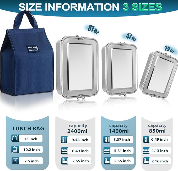 Stainless Steel Bento Box 3 Pack 304 Stainless Steel Lunch Box,Leak Proof Stainless Steel Food Containers With Lids(81oz/47oz/29oz) Stainless Steel Lunch Containers With 3 Compartments