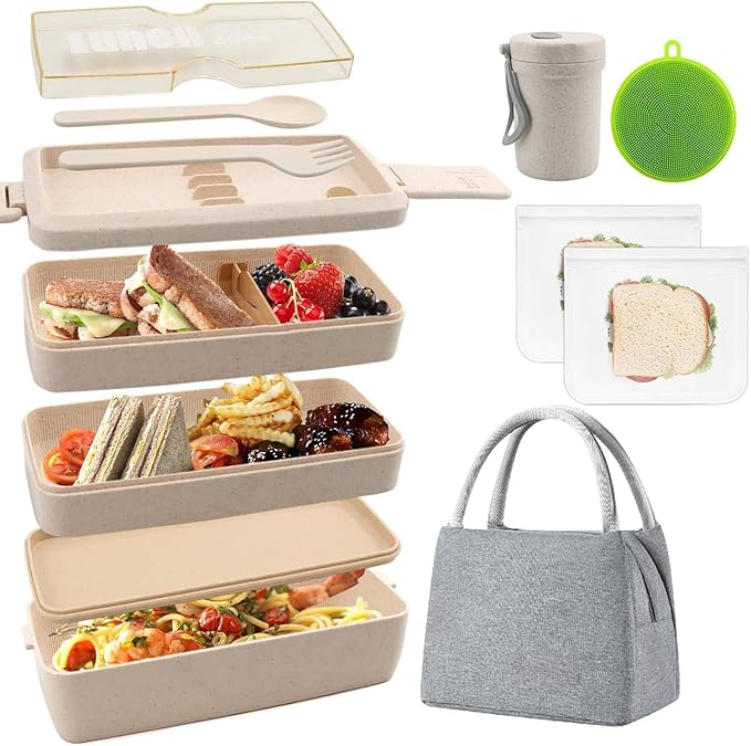 Bento Box Japanese Lunch Box Kit Leakproof Bento Lunch Box for Kids Adults Wheat Straw 3 Layer Stackable Lunch Containers with Compartment Eco-Friendly Meal Prep Containers (Beige)