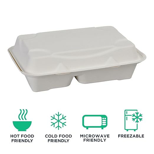 ECO PRODUCTS Compostable Vanguard 9"x6" Clamshell To Go Containers, Case of 250, 2 Compartment, Take Out Food Box, White Renewable Molded Fiber, No-Added PFAS, ASTM Compliant, BPI-Certified