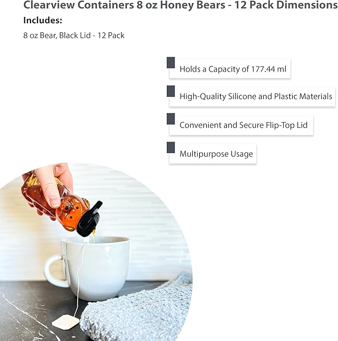 12 Pack of 8 Ounce Honey Bears with Sealable Black Flip Top Lids (8 oz. Bear, 12pk, Black)