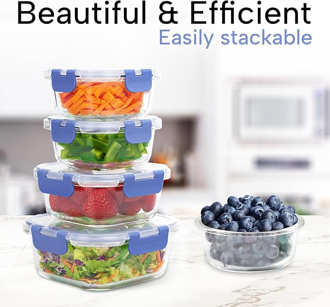 Zulay Kitchen 12 Pack Glass Meal Prep Containers with Lids - Airtight, Premium Borosilicate Glass Food Storage Containers - Microwave, Freezer & Oven Safe, BPA Free - Periwinkle