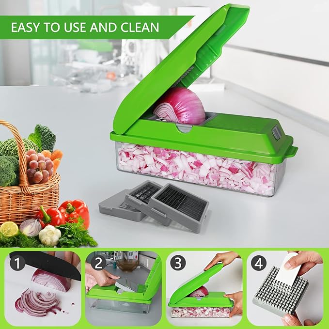 LHS Vegetable Chopper, Multifunctional Food Chopper, Pro Onion Chopper, Vegetable Slicer Dicer Cutter with 3 Blades, Veggie Chopper with Container(6-in-1,Green)