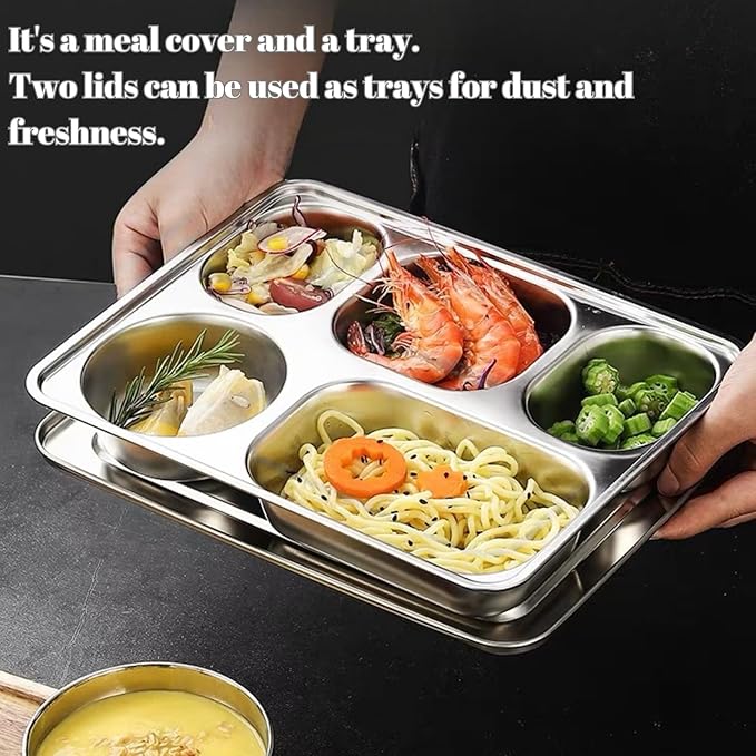 Stainless Steel Divided Plates with Lid, 5 Pack Divided Dinner Tray 5 Compartments Lunch Tray Divided Dinner Tray Meal Prep Lunch Containers for Adults, Picky Eaters, Campers, Portion Control