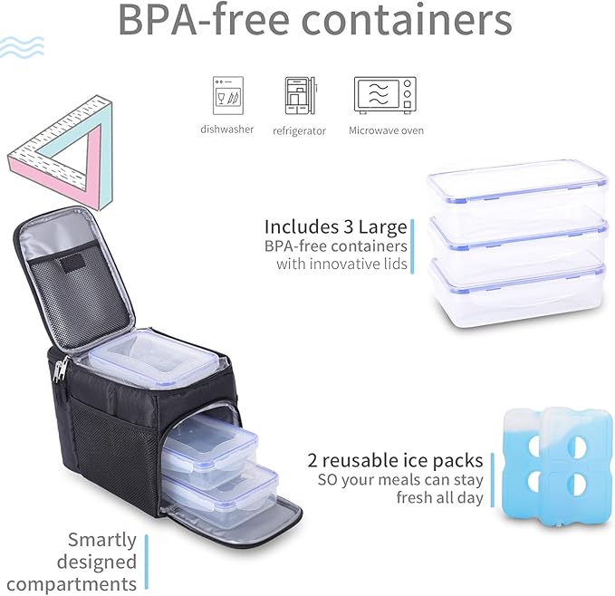 Top&Top Insulated Lunch Box Set and Cooler Bag for Men, Women (Tote Lunch Bag Includes 3 Reusable Meal Prep Containers + 2 Ice Pack + Detachable Shoulder Strap) Lunch Box for School, Office, Camping