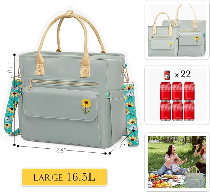 Deluxe Large Insulated Lunch Bag Box Women - Leakproof Waterproof Cooler with Multi Pockets Removable Strap for Work Picnic - Teacher Mothers Day Christmas Birthday Gifts