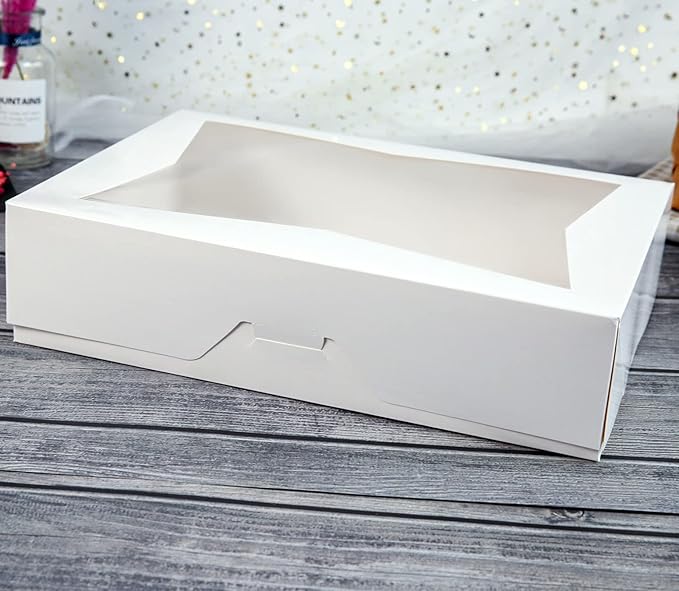 15-PACK White Pastry Bakery Box 16x11x2.75inch,Large Donuts,Muffins,Cookies Boxes with PVC Window Auto-Pop up Paper Box Nature Cardboard Take Out Container,Hold 12 Donuts,Pack of 15