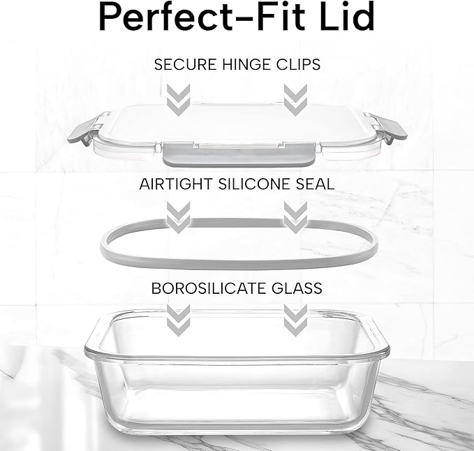 Zulay Kitchen 12 Pack Glass Meal Prep Containers with Lids - Airtight, Premium Borosilicate Glass Food Storage Containers - Microwave, Freezer & Oven Safe, BPA Free - Gray