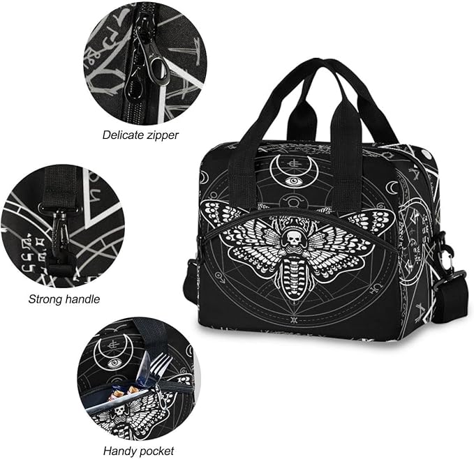 MNSRUU Insulated Lunch Bag - Black Skull Moth Lunch Box with Adjustable Shoulder Strap - Reusable, Leakproof Cooler Bag for Work, School