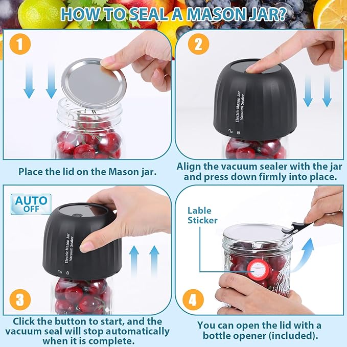 Yoobao Mason Jar Vacuum Sealer Kit - Auto Stop 3 in 1 Electric Mason Jar Sealer for Jars with Regular & Wide Mouth and Sous Vide Bags, Portable Canning Sealing Machine for Food Storage