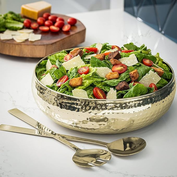 Salad Bowl and Serving Utensils - Hammered Detailing - Stainless Steel Mixing Bowls with Lids- Luxurious Serving Bowls (12" Gold Hammered Salad Bowl)