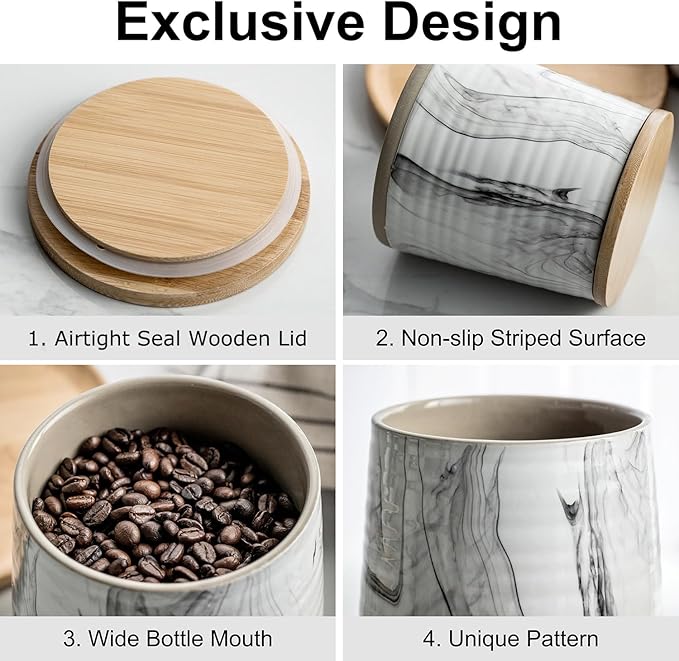 Ceramic Airtight Containers, Wide Mouth Food Storage Jars with Sealing Wooden Lids, Cereal Sugar Tea Coffee Bean Cookie Flour Canisters - Marble Design