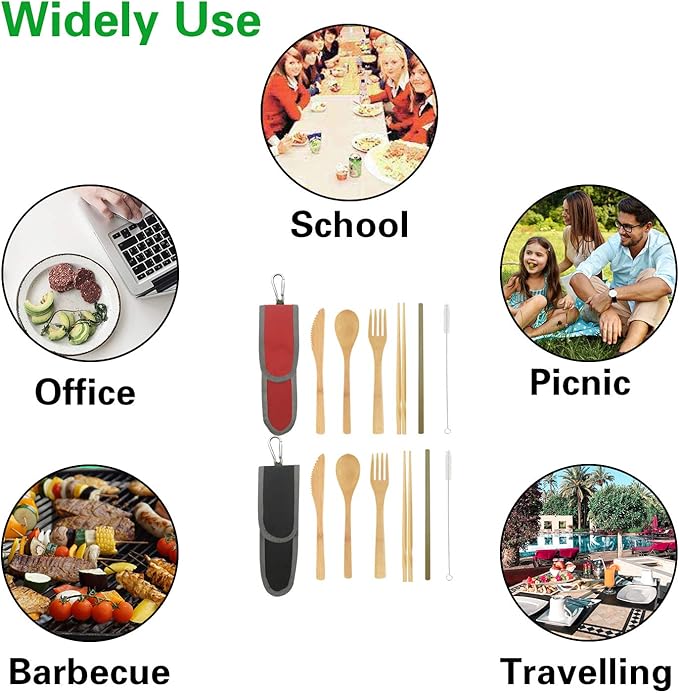 UPTRUST 2 Set Bamboo Cutlery Set Bamboo Travel Utensil Reusable Organic Bamboo Utensil Fork Knife Spoon Chopsticks Straw Cleaning Brush for Travel Picnic School Office(Black & Red)