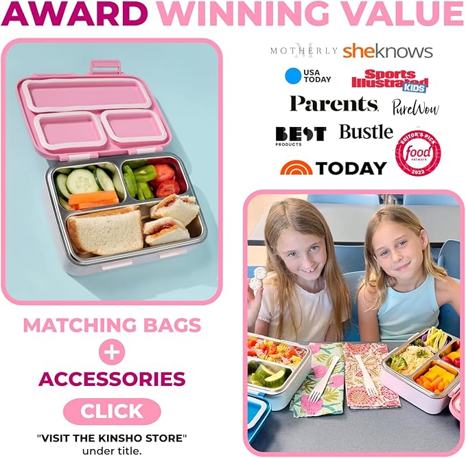 Stainless Steel Bento Box Lunch Container for Kids Adults with Removable Tray, Leakproof Silicone Seals, BPA Free 26 oz/790 mL (Pink)
