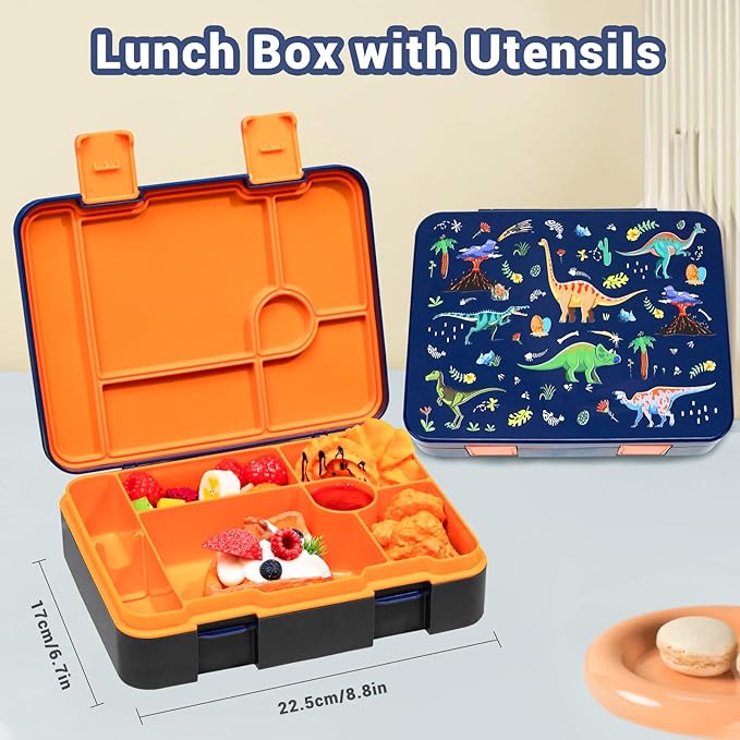 Boys Backpack - Dinosaur Bento Box with Insulated Lunch Bag Pencil Case & Utensils Set for Kids, 6 Leakproof Compartments Removable Tray Lunches or Snack Container