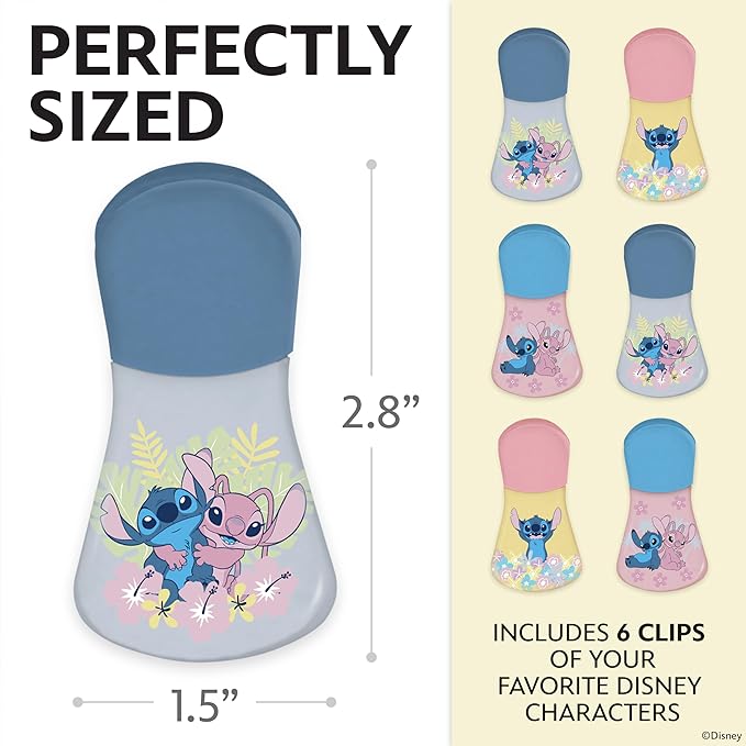 Disney Magnetic Chip Clips – Set of 6 Bag Clips for Food Storage - Mickey, Minnie, Lilo & Stitch, Winnie The Pooh – Durable Airtight Bag Chip Clips for Pantry & Fridge Use
