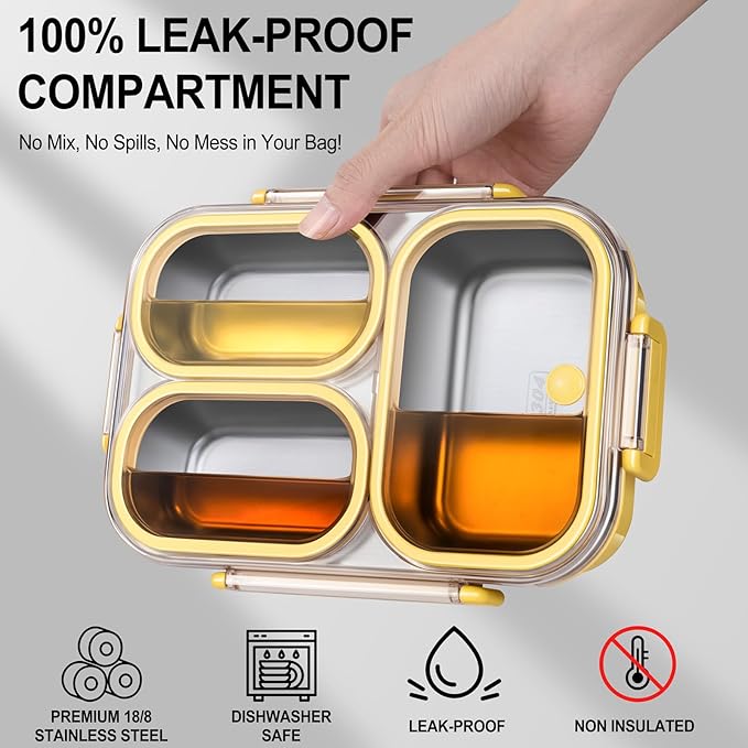 Stainless Steel Lunch Box for Kids & Adults - 25 oz - Leakproof 3 Compartment Metal Lunch Container - 18/8 Stainless Steel Bento Box - Ideal for School, Office & Outdoor - Dishwasher Safe (Yellow)