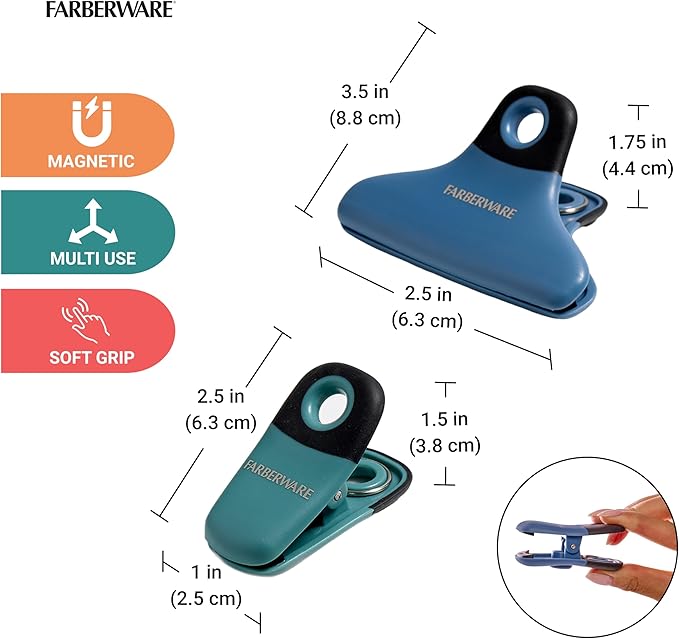 FARBERWARE Professional 4 Piece Bag Clip Set Durable, Versatile, and Stylish Blue and Green