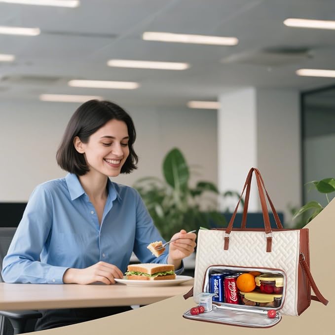 Lunch Tote Bag for Women, 15.6 inch Work Laptop Bag with Insulated Lunch Compartment - PU Leather Quilted Large Computer Handbag with Purse for Office Travel Casual - White